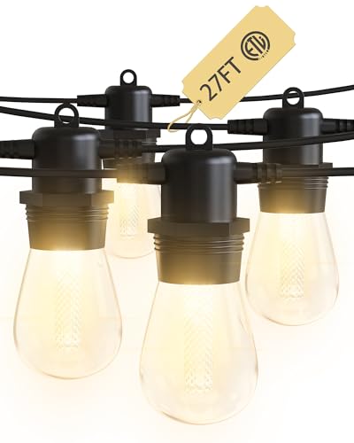 JACKYLED Upgraded 27FT Outdoor String Lights,Patio Lights Plug-in Waterproof LED String Lights for Outside, End-to-End Connectable 12 Bulbs 2 Fuses, Commercial Hanging Lights for Yard