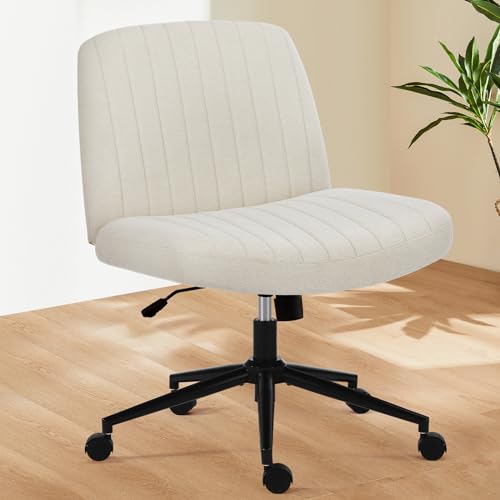 Sweetcrispy Criss Cross Office Chair with Wheels, Wide Armless Home Office Desk Chair with Dual-Purpose Base, Swivel Adjustable Fabric Task Vanity Computer Chair, Beige