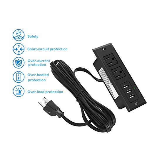 CCCEI Furniture Recessed Power Strip, Black Desk Outlet with USB Ports, in Conference Desktop Flush Mount Plug, 6 ft Extension Cord.