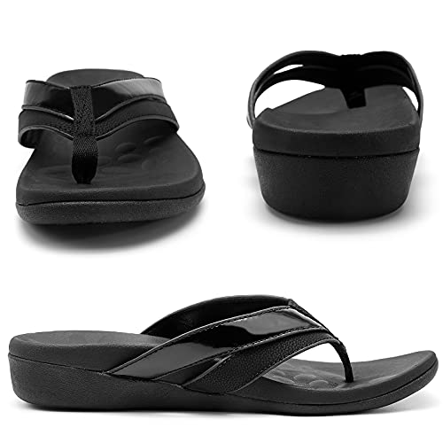 Sounity Ladide Arch Support Open Toe Sandals for House, Summer Dress Flip FLops with Cushion Memory Foam, Comfortable Walking Sandals for Plantar Fasciitis Flat Feet Pain Black Size6