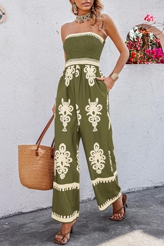 PRETTYGARDEN Women's Summer Boho Jumpsuits One Piece Beach Vacation Outfits Spaghetti Strap Wide Leg Pants Rompers (Army Green,Small)