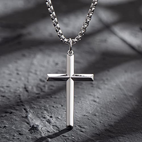 FANCIME White Gold Plated 925 Sterling Silver Edgy Gothic Cross Pendant Necklace With Steel Box Long Chain Christmas Gifts for Him Men, Women 23.6-INCH