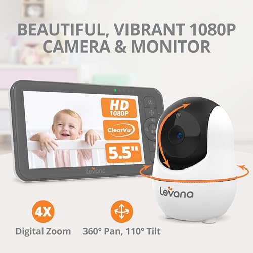 Levana Nala Video Baby Monitor No WiFi, 1080P PTZ Camera, 5.5”1080P Monitor, Night Vision, 1000ft Range, 5000mAH Battery, Carrying Case, 2 Year Warranty