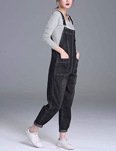 Soojun Women's Casual Baggy Denim Bib Overalls, Black, X-Small