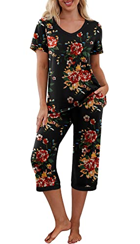 PrinStory Women's Pajama Set Short Sleeve Shirt and Capri Pants Sleepwear Pjs Sets with Pockets Dot-Navy Blue-Medium