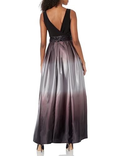 S.L. Fashions Women's Long Satin Mother of The Bride Dress with Pockets, Formal Party Gown (Petite and Regular Sizes), Black Silver, 16