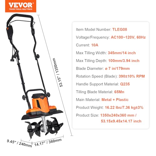 VEVOR 10 Amp Electric Tiller, 14" Tilling Width 3.94" Tilling Depth Corded Electric Tiller/Cultivator, Steel Mn Tines, Rototiller for Garden Lawn Soil Digging