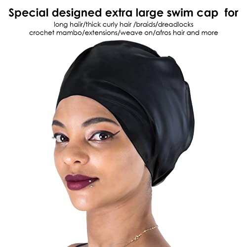 Dsane Extra Large Swimming Cap for Women and Men,Special Design Swim Cap for Very Long Thick Curly Hair&Dreadlocks Weaves Braids Afros Silicone Keep Your Hair Dry(Black/XL)