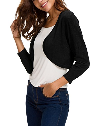 Women's Lightweight Knit Cropped Cardigan 3/4 Sleeve V-Neck Open Front Bolero Shrug for Dresses and Casual Wear (L, Apricot)