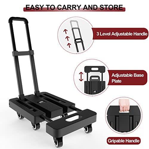 SOLEJAZZ Folding Hand Truck Portable Dolly for Moving, 500LB Luggage Cart Dolly with 6 Wheels & 2 Bungee Cords for Travel, Moving, Shopping Use, Black