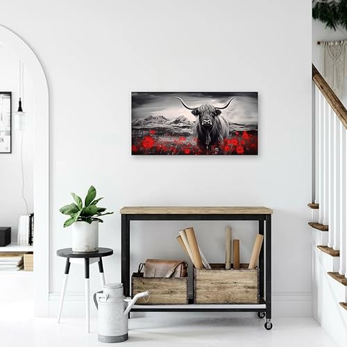 DOARTDO Highland Cow Canvas Wall Art Animal Painting Print Black and White Cattle and Red Flowers Picture Farmhouse Decor Frame (12.00" x 24.00", Highland Cow - 1)