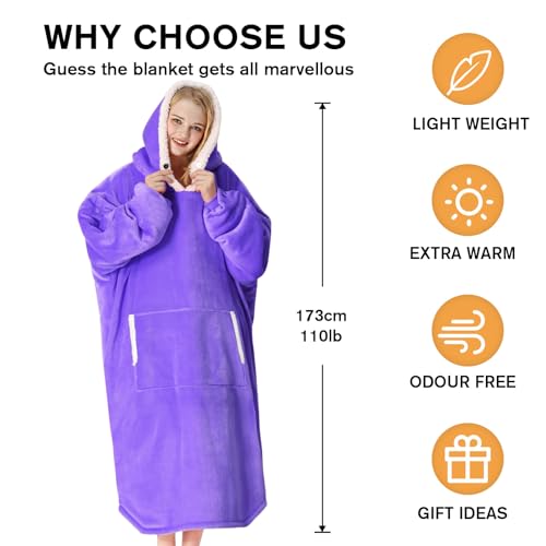 yescool Wearable Blanket Hoodie, Flannel Sherpa Fleece Blanket Sweatshirt for Adults Women Men, Big Plush Cozy Hooded Blanket with Hood, Pocket & Sleeves, Largre, One Size Fits All (Rainbow)