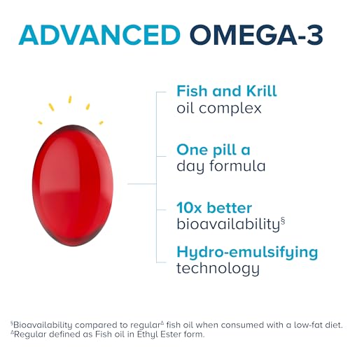 Qunol Advanced Omega 3 Krill and Fish Oil Complex, 10x Better Bioavailability, One Pill Dose, 250mg EPA & DHA, Supports Brain, Eye, Heart and Joint Health, 60 Count