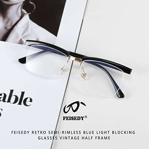 FEISEDY Retro Semi-Rimless Blue Light Blocking Glasses for Men Women Vintage Half Glasses Frame Horn Rimmed Eyeglasses B2883