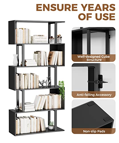 Gadroad 5-Tier Geometric Bookcase,S Shaped Bookshelf, Wood Decorative Storage Shelving, Modern Freestanding Display Shelves, Tall Book Shelf Unit for Living Room Bedroom, Black