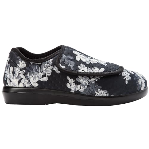 Propét Women's Cush 'N Foot Slipper, Black Floral, 9 Medium