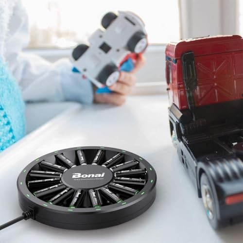 BONAI Rechargeable AA AAA Batteries with Charger, 16-Pack 1.2V NiMH High-Capacity AA (2800mAh) & AAA (1100mAh) Batteries with 16-Bay Smart Battery Charger, Fast Charging & Intelligent Detection