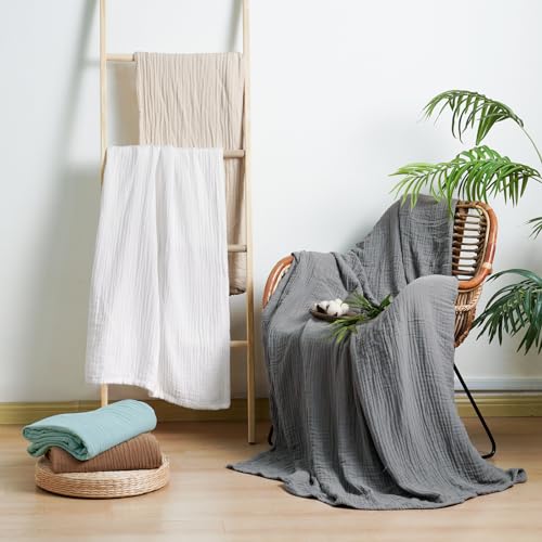 PHF Cooling Muslin Throw Blanket for Hot Sleepers, 60% Rayon Derived from Bamboo, 40% Cotton Blanket for Summer, 4-Layer Breathable Gauze Blanket for Bed Couch, 50"x60", Brown