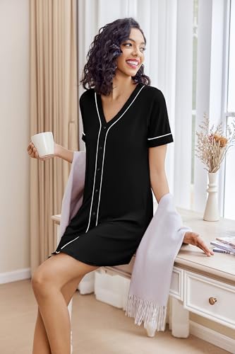 Ekouaer Womens Nightgown Button Down Sleep Shirts Short Sleeve Nightshirt V-Neck Sleepdress Soft Sleepwer, Black, Small