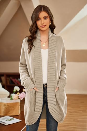 Women's Long Sleeve Open Front Chunky Knit Cardigan Lapel Sweater Draped Cardigan Sweater with Pockets(Light Gray,M)
