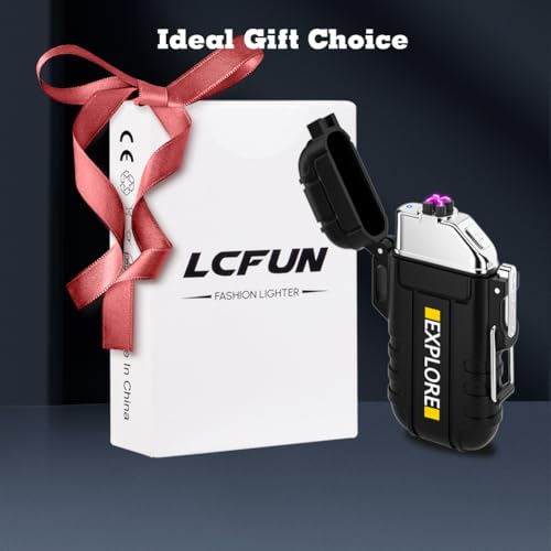 LcFun Electric Lighter, Plasma Lighter Waterproof Arc Lighter Windproof USB Lighter Rechargeable with Emergency Whistle for Hiking, Camping, Adventure, Outdoor, Survival, Tactical, EDC Gear (Black)
