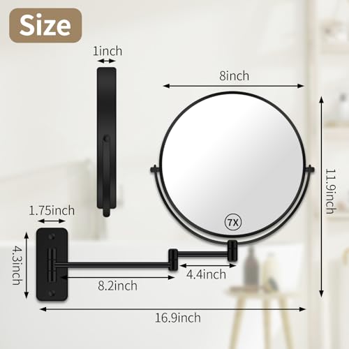 BTremary Wall Mounted Magnifying Makeup Mirror 1X/7X Wall Mount Mirror Swing Arm Two-Sided 360° Swivel Bathroom Shaving Mirror for Men and Women in Hotel/Home