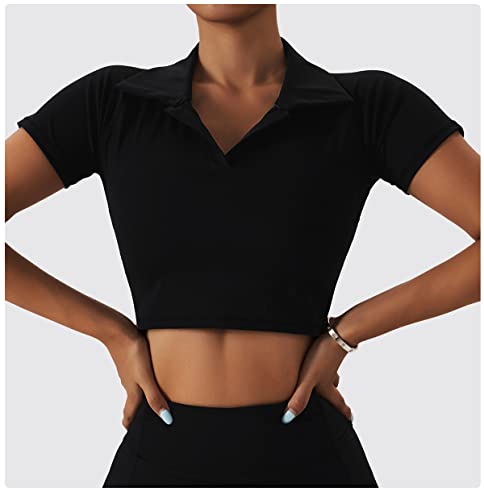 Tennis Outfits for Women 2 Piece High Waist Pleated Tennis Skirt with Shorts and Pockets Short Sleeve Crop Golf Skort Skirt Athletic Workout Outfits Skirts Sets Black Small