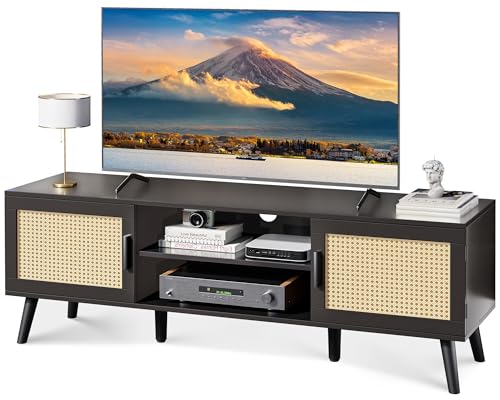 SUPERJARE 65 Inch TV Stand, Entertainment Center with Adjustable Shelf, Rattan TV Console with 2 Cabinets, Media Console, Solid Wood Feet, 4 Cord Holes, for Living Room, Black