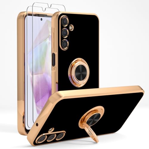 Jasmeas for Samsung Galaxy A35 5G Case with Screen Protector [2 Pack], 360° Rotatable Ring Holder Plating Rose Gold Edge Magnetic Kickstand Women Men Protective Cover for Samsung A35 5G Case Black