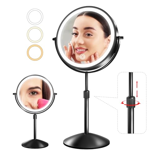 Omobolanle 7" Lighted Makeup Mirror, 10X Magnifying Mirror with Light 360° Rotation Double Sided Mirror with 3 Color Lights Brightness & Height Adjustable Rechargeable LED Light Up Mirror Black