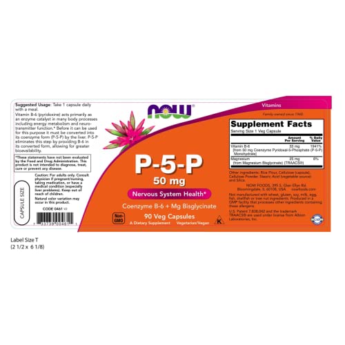 NOW Supplements, P-5-P 50 mg with Coenzyme B-6 + Mg Bisglycinate, 90 Veg Capsules