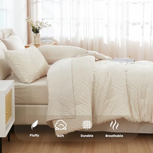 Andency Bed in a Bag Queen Beige- 7 Pieces Queen Comforter Set Beddding Comforter Sets, Tufted Lightweight Fluffy Bed Set with Comforter, Sheets, Pillowcases & Shams for All Season