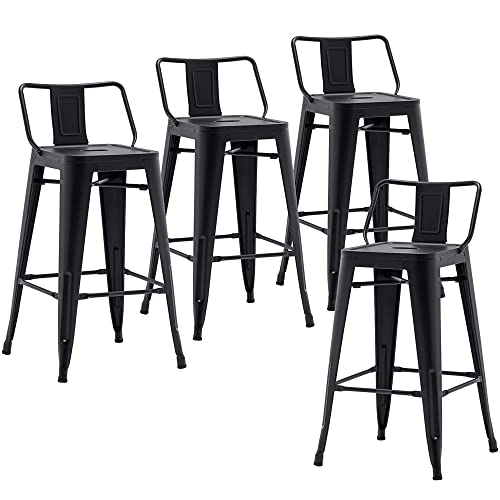 Changjie Furniture Industrial Metal Bar Stools with Backs Set of 4, Counter Height Barstools for Home Kitchen, Durable and Stylish Bar Stools Set (24 inch, Matte Black)