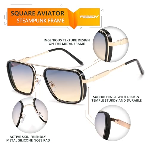 FEISEDY Sunglasses Men Women Vintage Aviator Square Trendy Metal Steampunk Fishing Driving Sun Glasses B0114