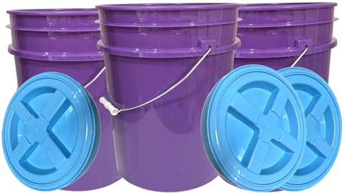 House Naturals 5 Gallon Purple Food Grade Plastic Bucket with Screw on Gamma lid, BPA Free, Made in USA (Pack of 3) (Purple Bucket with Aqua lids)