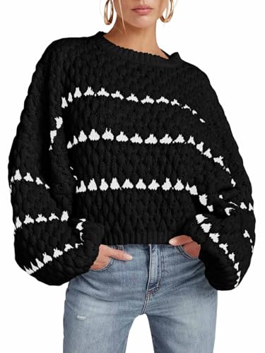 Saodimallsu Womens Oversized Sweaters Striped Long Lantern Sleeve Crew Neck Fall Trendy Knit Pullover Sweater Gray
