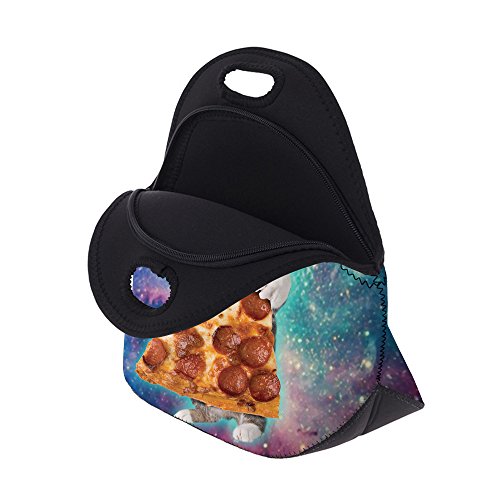 HAPPYLIVE Neoprene Lunch Bag, Cat Take Pizza, Unisex, 11.8" x 11.2" x 6.5", 8.7" Deep, Easy Zip Closure, Great for School or Work Lunches