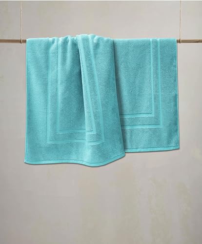 Feather & Stitch 2 Piece Towel Like Bath Mats (30x21 Inch) 100% Cotton Terry Mat, Non-Slip Hotel, Spa, Shower Floor Mats [NOT A Bathroom Rug], Soft Absorbent Washable Mats - Sky Blue