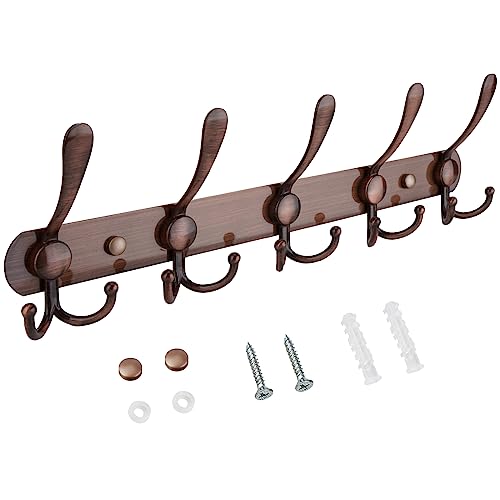 TICONN Wall Mounted Coat Rack, Five Heavy Duty Tri Hooks All Metal Construction for Jacket Coat Hat in Mudroom Entryway (Antique Bronze, 1-Pack)