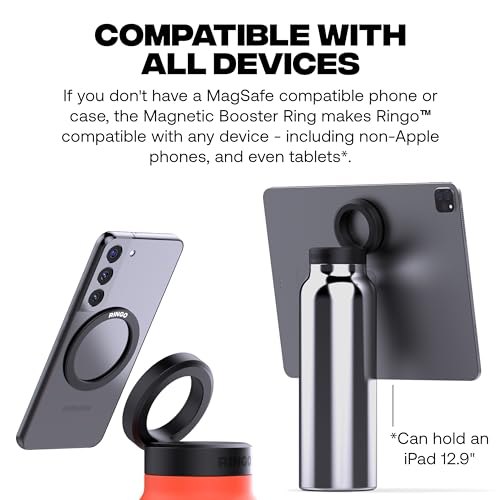 Ringo Insulated Water Bottle - Compatible MagSafe Water Bottle With Phone Holder - Stainless Steel Water Bottle With Magnetic Phone Tripod Mount - Hot 12H, Cold 24H, 360° Rotate - Black 24oz