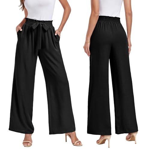 FREEOAK Womens Wide Leg Pants High Waisted 2024 Trendy Outfits Summer Slacks Lounge Bottom Office Business Flowy Palazzo Pant