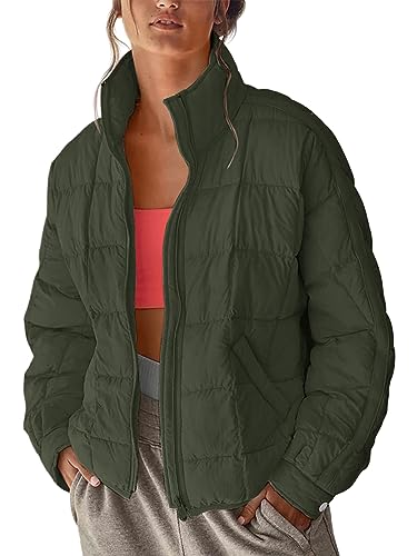Muchpow Women's Lightweight Down Coat Long Sleeve Full Zipper Oversized Packable Short Puffer Jackets(Army Green,Small)