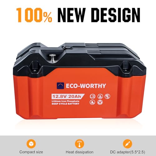 ECO-WORTHY Portable 12V Lithium Battery, 20Ah LiFePO4 Deep Cycle Rechargeable Battery, Built-in BMS, 4000+ Cycles,Perfect for Outdoor Camping Fishing RV Marine Trolling Motor Fishfinder