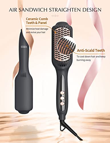 LANDOT Hair Straightening Brush Straightener: Negative Ion Ceramic Heated Hot Brush for Smooth Frizz-Free Hair - Dual Voltage 100-240V & 12 Temp Settings 250°F to 450°F