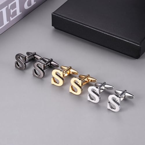 LOLIAS 3 Pairs Cufflinks For Men Personalized Initial Cuff Links Mens Letter CuffLinks for Casual to Formal with Gift Box Silver Black Gold Cufflinks Set for Father Husband Groom,Letter J
