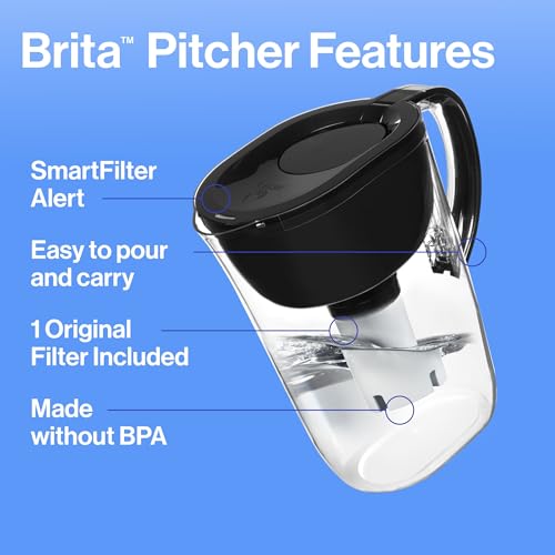 Brita Large Water Filter Pitcher for Tap and Drinking Water with SmartLight Filter Change Indicator, Includes 1 Standard Filter, BPA-Free, Lasts 2 Months, 10-Cup Capacity, Stretch Limo Black