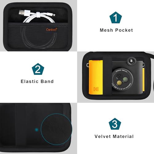 Canboc Carrying Case Compatible with KODAK Smile+ Wireless Digital Instant Print Camera, Mesh Pocket fit Photo Paper, USB Cable, Black (Case Only)