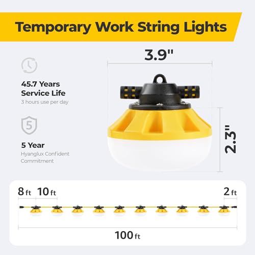 Hyanglux 50FT Construction String Lights: 50w 5500lm ETL Certified Bright Industrial Outdoor Temporary Lighting Led Hanging IP65 Waterproof 18AWG Wire Work Light for Attic Jobsite Garage
