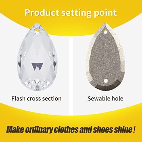 Sew On Rhinestones White Teardrop Flatback Glass Crystal Rhinestones with 2 Holes for Clothes Crafts Dress,Costume,Garments,24pcs
