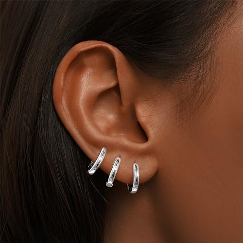 Gokeey Small Cartilage Hoop Earrings Set for Women，Cute Huggie helix hoop earring for Women，Hypoallergenic Silver Titanium Earring Sets for Multiple Piercing Jewelry Gift (THK 1.6MM)